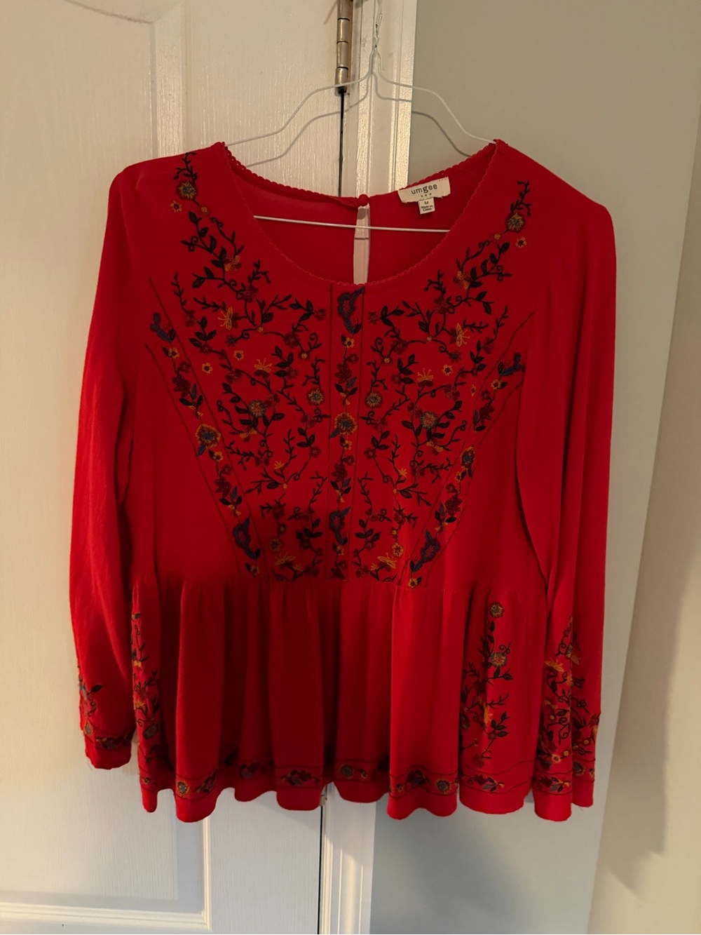 Umgee Red Embroidered Peplum Long-Sleeve Top